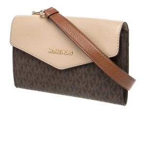 Michael Kors Brown Signature Crossbody with Beige Flap and Tan Strap